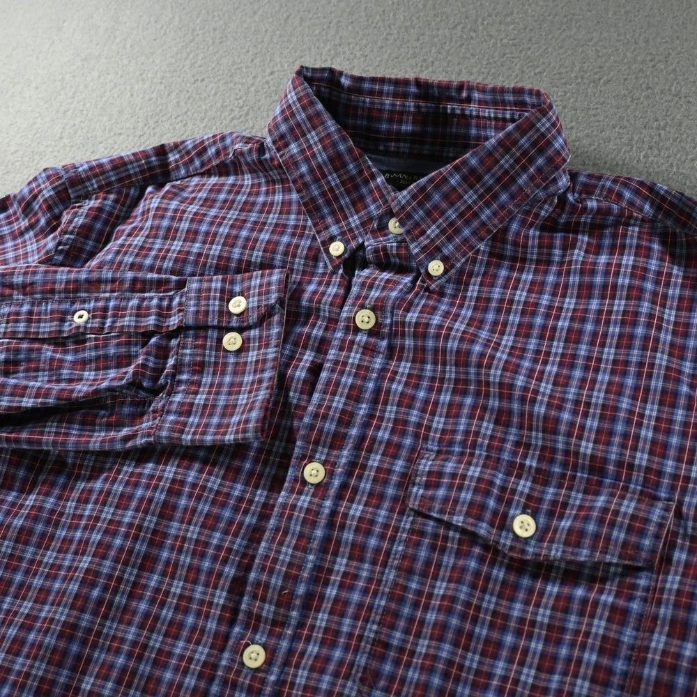 Banana Republic Mens Soft Wash Plaid Button Down Shirt Large Maroon Blue